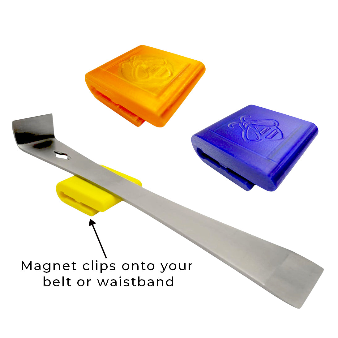 Magnetic hive tool holder clipped to a beekeeper’s belt with hive tool attached