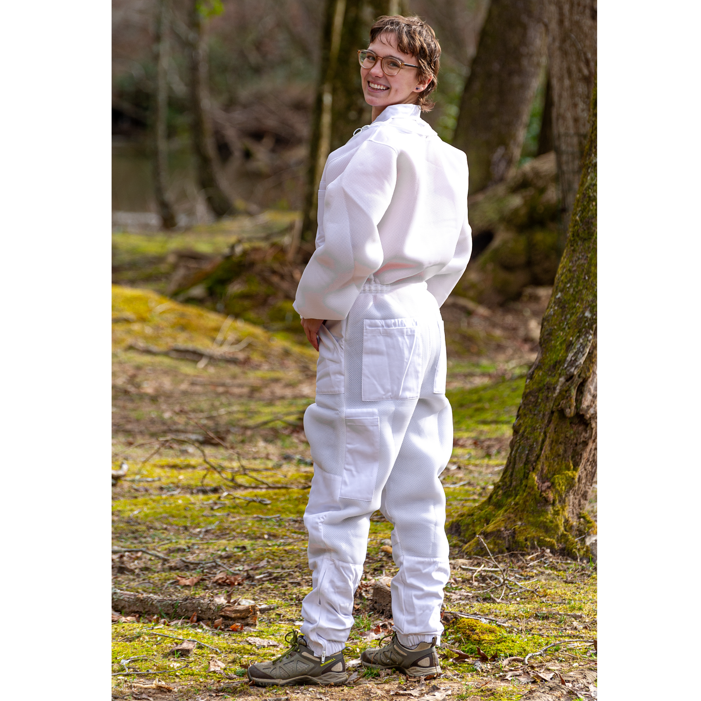 Full-body view of lightweight ventilated beekeeping suit without veil