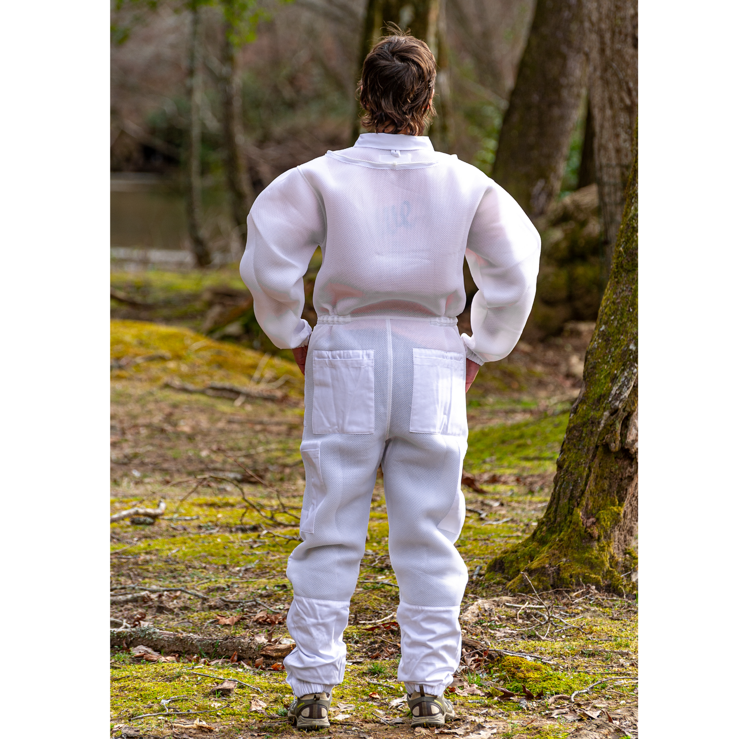 Full-body view of lightweight ventilated beekeeping suit without veil