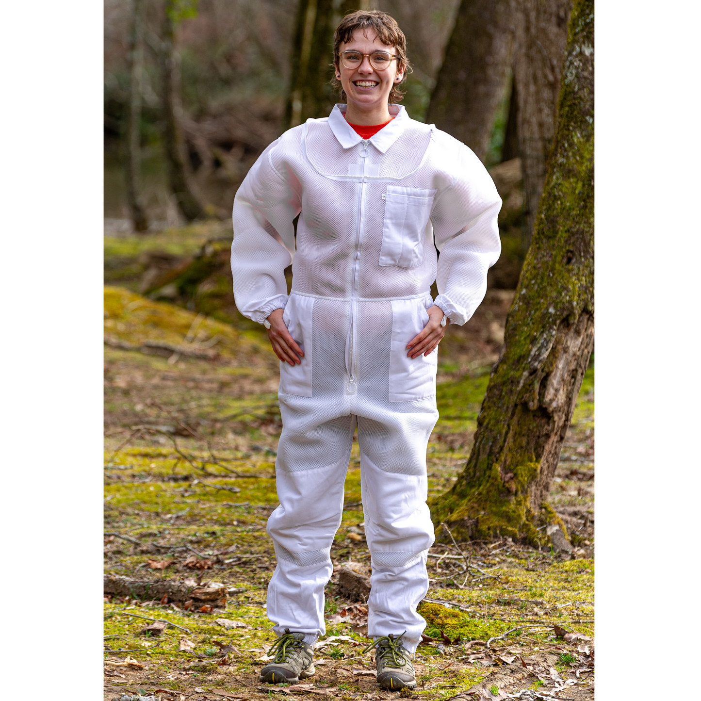 Full-body view of lightweight ventilated beekeeping suit without veil