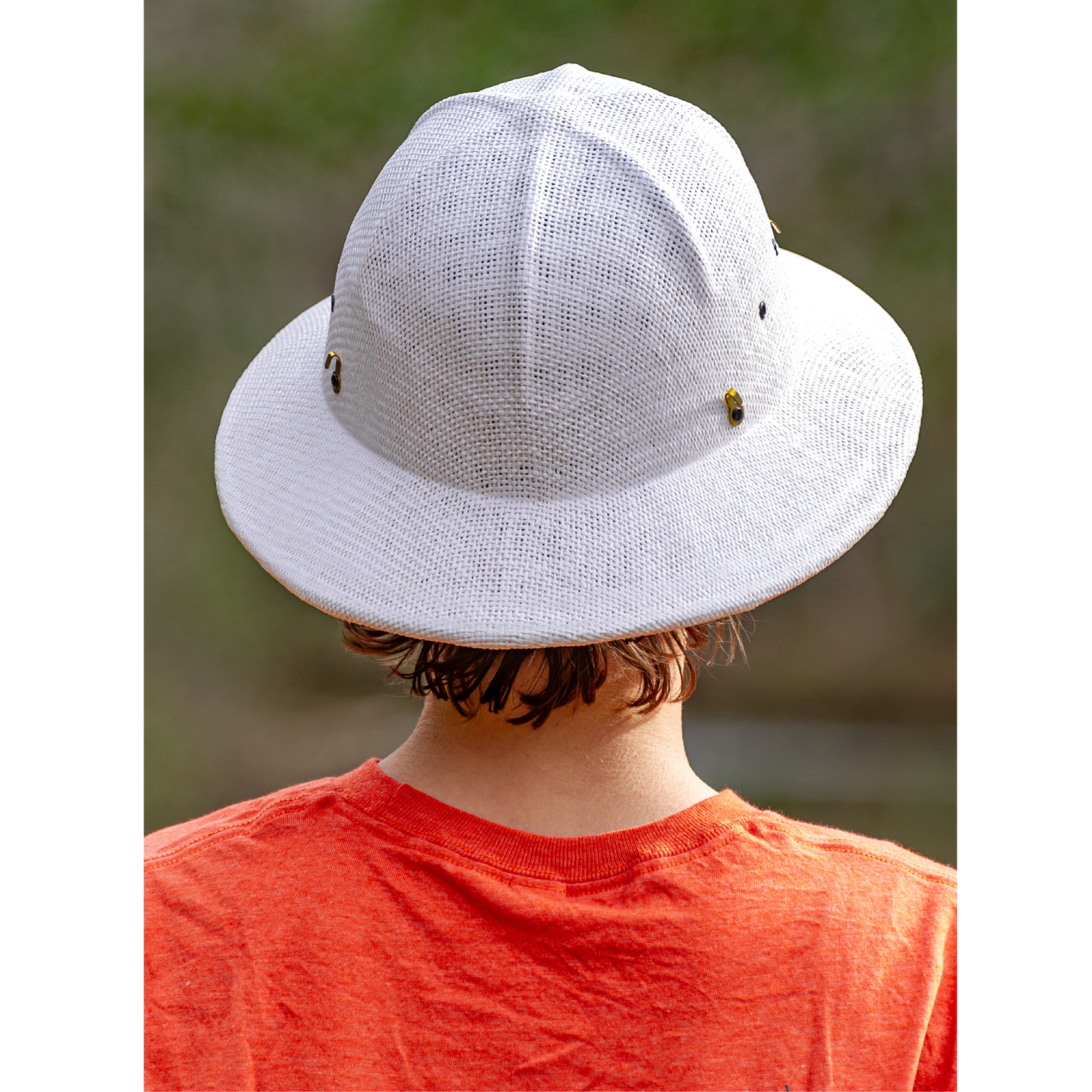 Premium woven beekeeping helmet with adjustable band and veil hooks back view