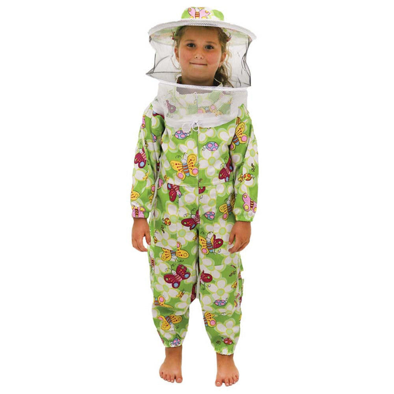 Child-sized green beekeeping suit displayed on a hanger, designed for ages 4–8, with full-body coverage and protective features.